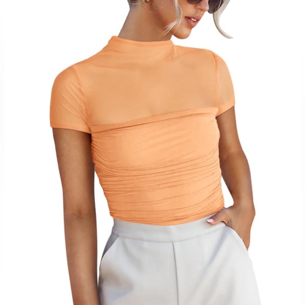 Orange Sheer Ruched‎ Top
